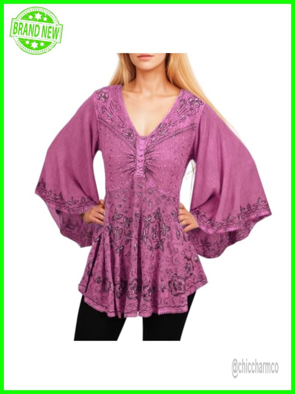 Boho Bell Sleeve V-Neck Embroidered Tunic Top 100% Rayon